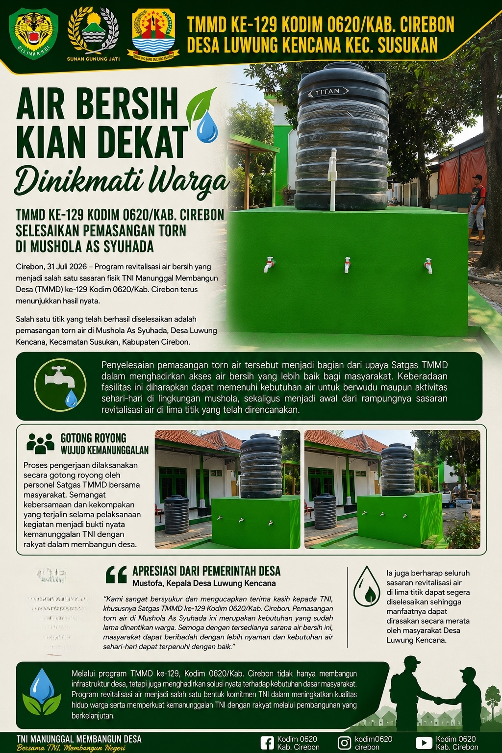 Air Bersih Kian Dekat Dinikmati Warga, TMMD ke-129 Kodim 0620/Kab. Cirebon Selesaikan Pemasangan Torn di Mushola As Syuhada