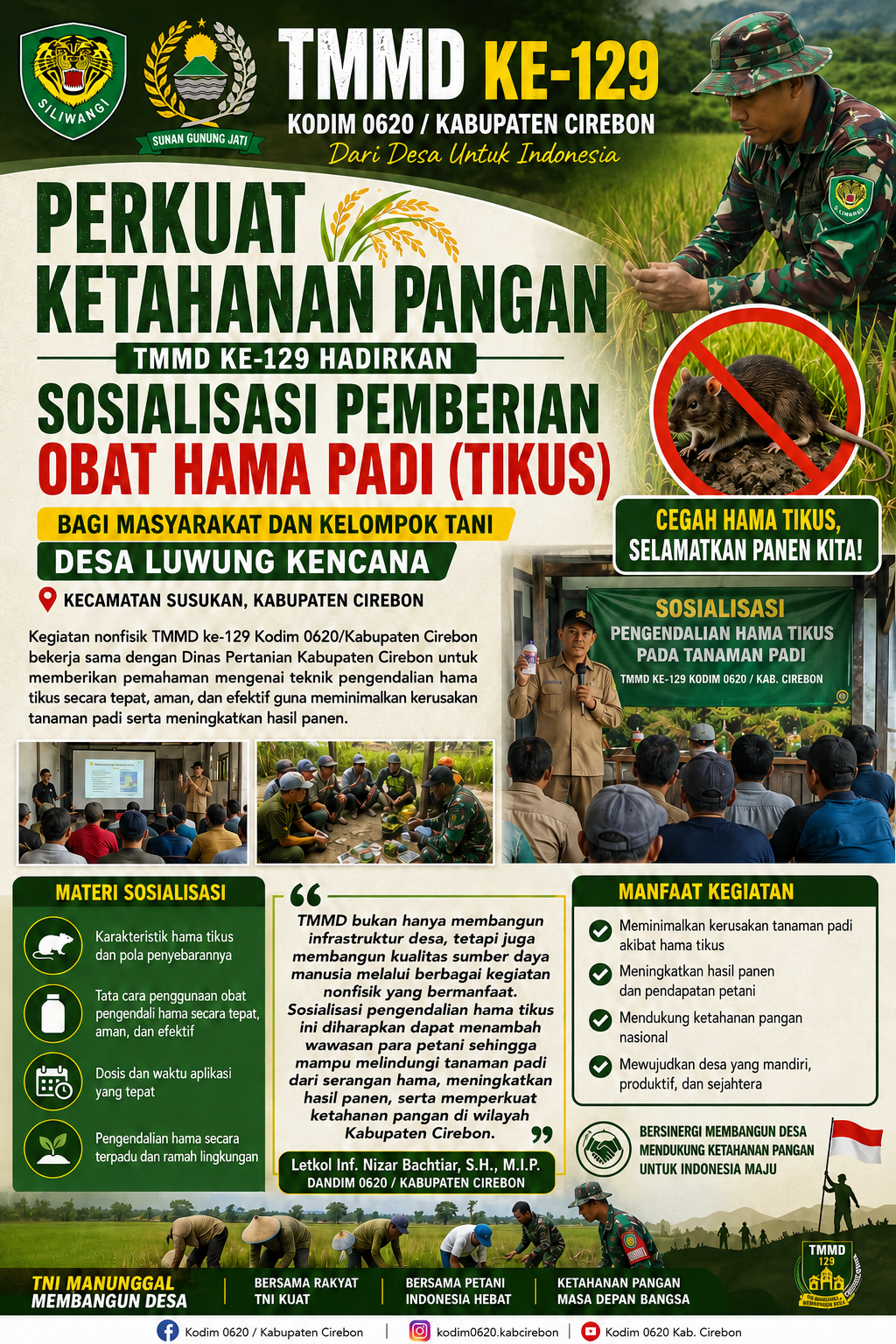 Perkuat Ketahanan Pangan, TMMD ke-129 Hadirkan Sosialisasi Pemberian Obat Hama Padi (Tikus) bagi Masyarakat dan Kelompok Tani Desa Luwung Kencana