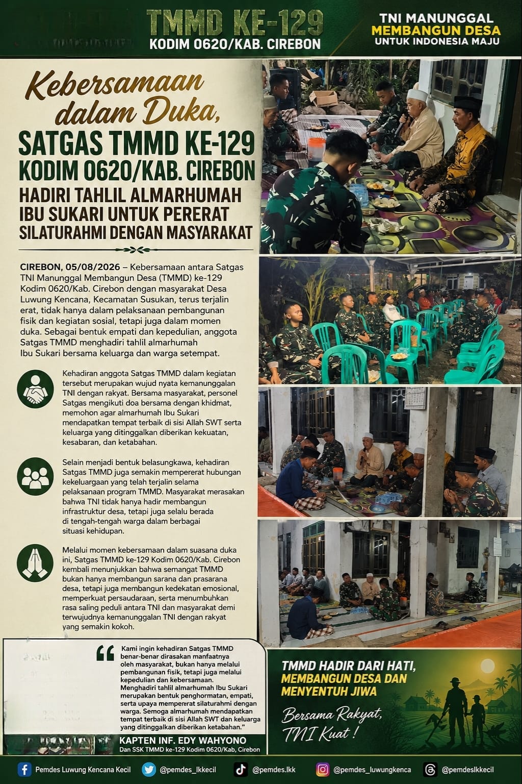 Kebersamaan dalam Duka, Satgas TMMD ke-129 Kodim 0620/Kab. Cirebon Hadiri Tahlil Almarhumah Ibu Sukari untuk Pererat Silaturahmi dengan Masyarakat