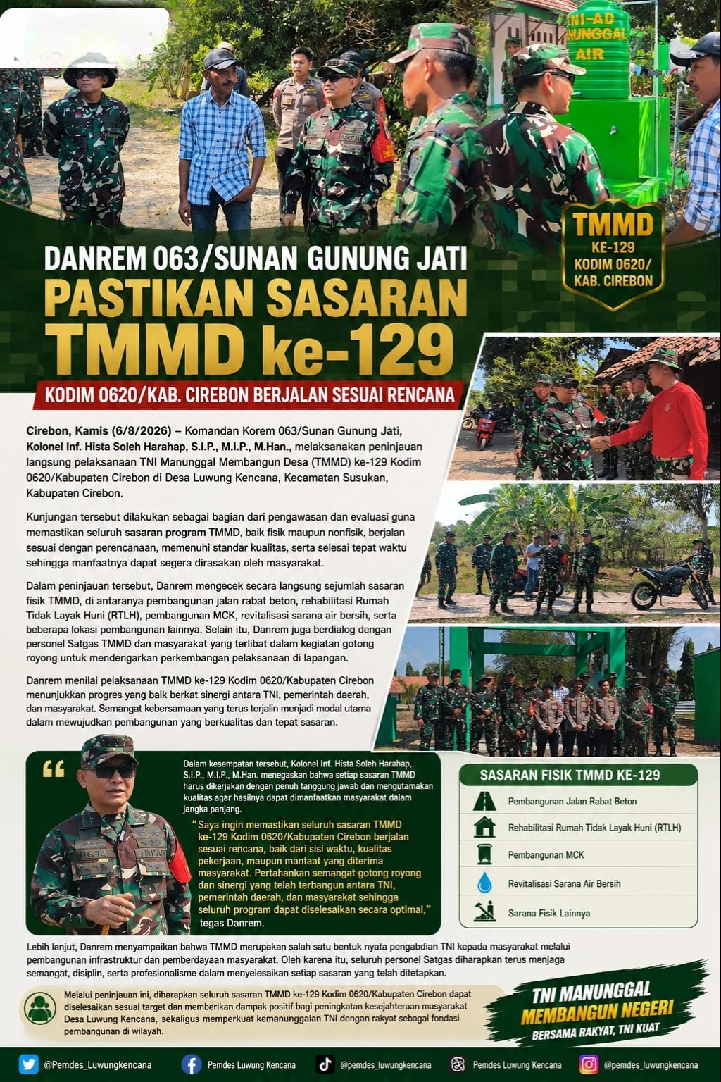 Danrem 063/Sunan Gunung Jati Pastikan Sasaran TMMD ke-129 Kodim 0620/Kab. Cirebon Berjalan Sesuai Rencana