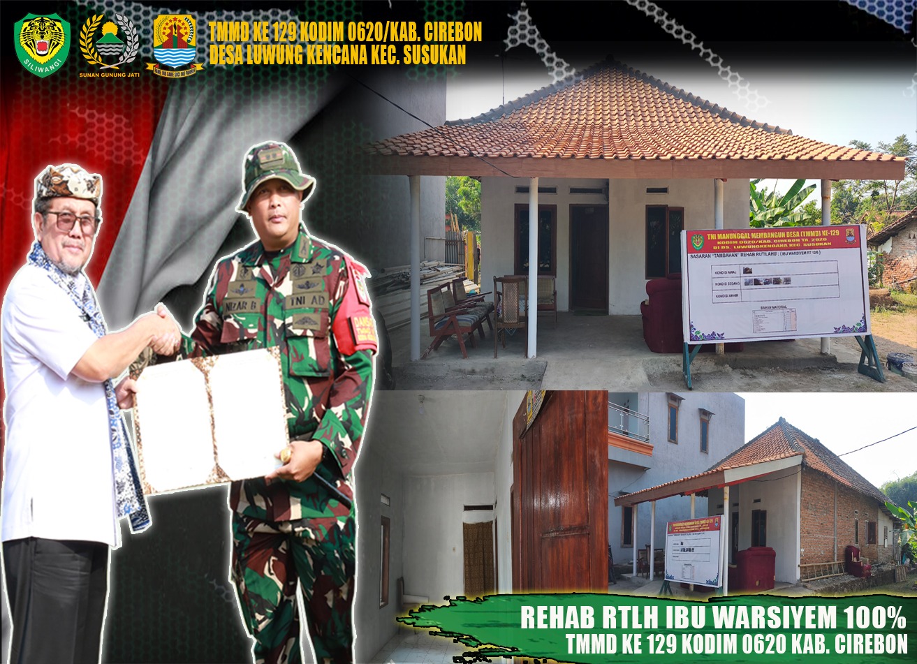 Dari 7 Unit RTLH, Rumah Ibu Warsiyem Jadi Sasaran Kedua yang Rampung Direhab Satgas TMMD ke-129 Kodim 0620/Kabupaten Cirebon